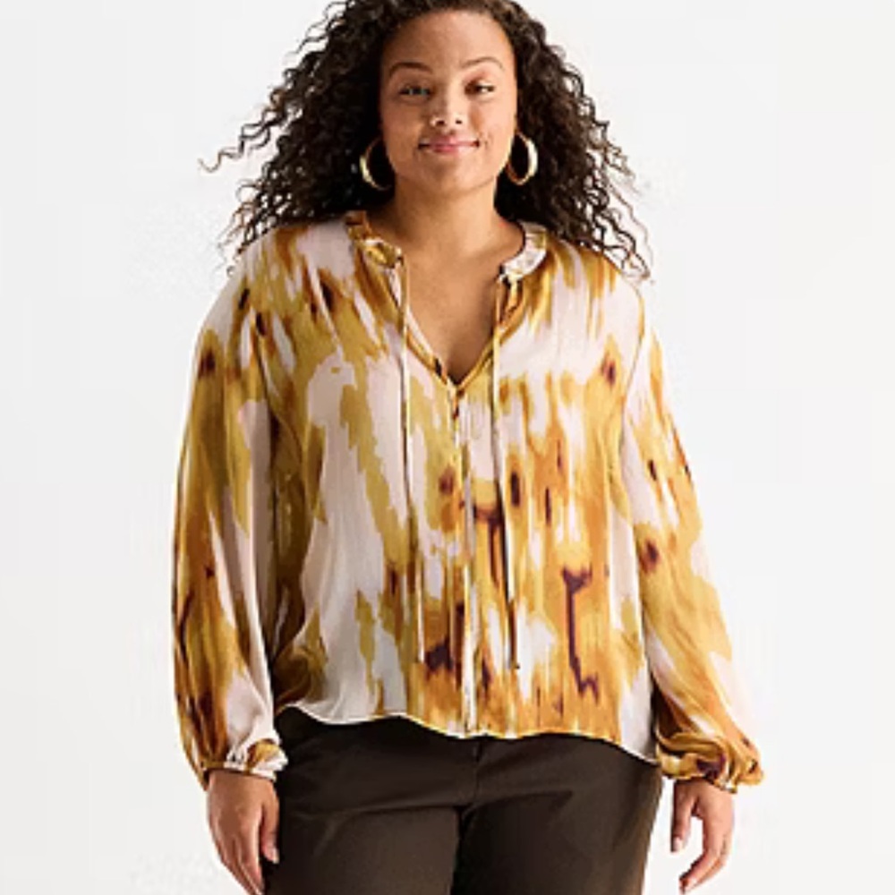 Worthington V-Neck Tie Watercolor Blouse Sz XL NWT